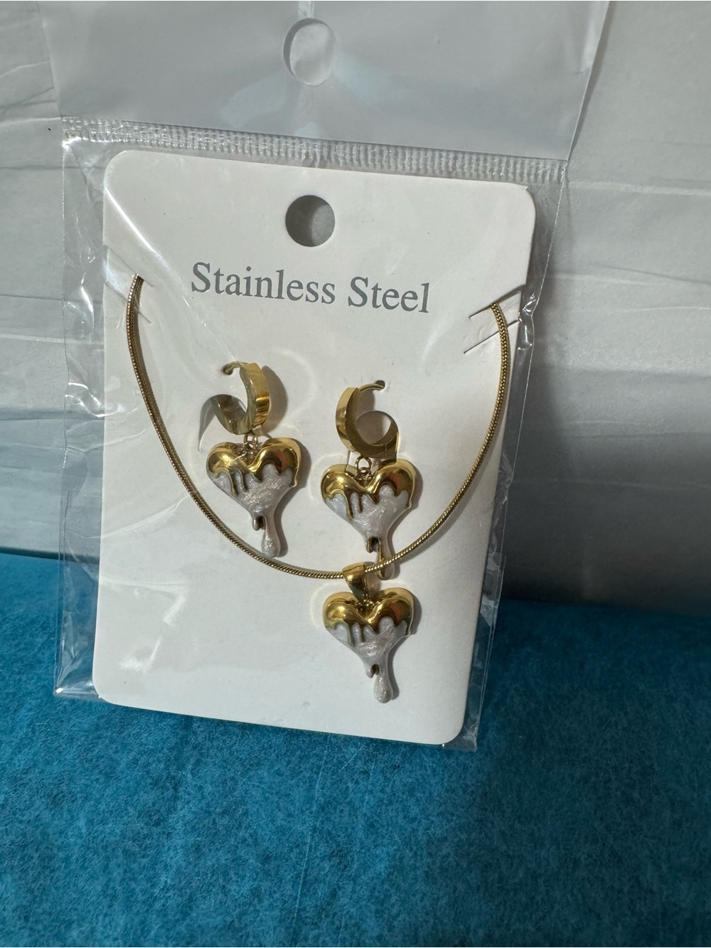 Two-Tone Gold and Silver Heart Pendant Necklace and Earring Set